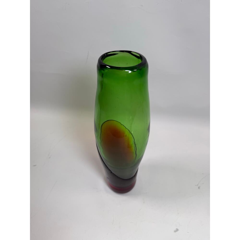 Vintage MCM Studio Art Glass Vase 10” – Green w/ Red Inclusion, Blenko style